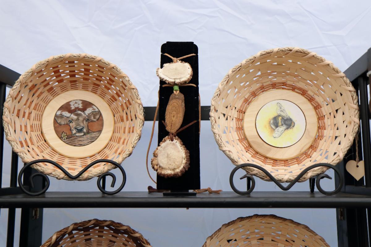 Mary Carty creates many of her signature baskets by weaving around an eye-catching centerpiece item.