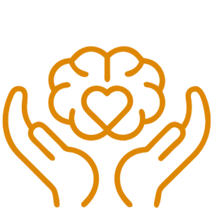 Orange outline icon of two hands holding a stylized human brain outline, with a heart shape in the center. Represents Arts, Wellness, and Mental Health.