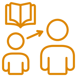 Orange outline icon showing a smaller person with an open book above their head, connected by an arrow to a larger person. Represents Education, Mentorship, and Learning.