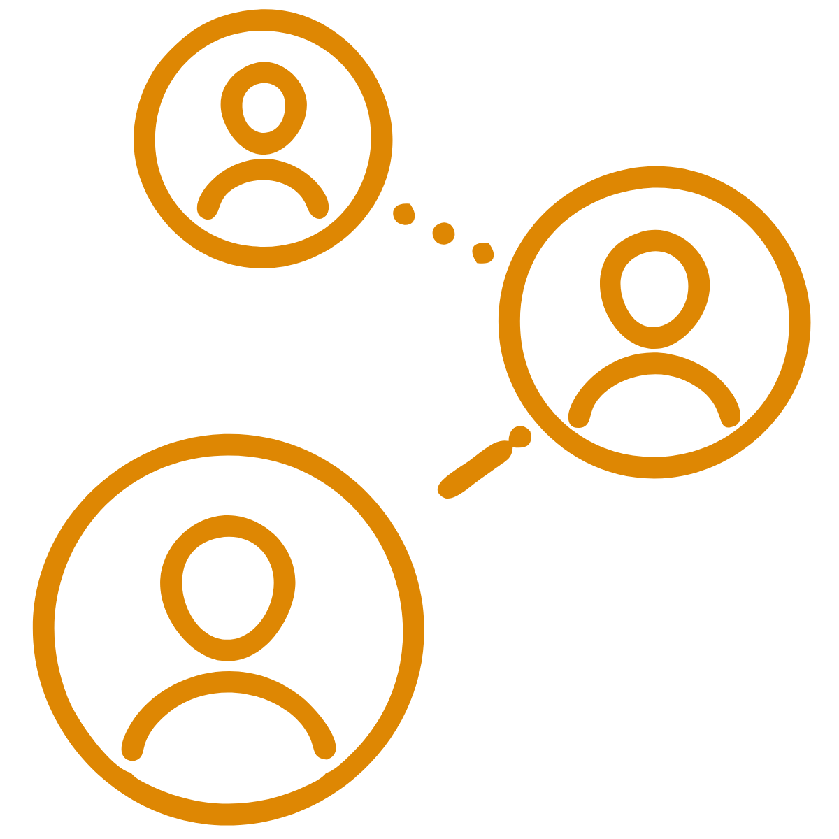 Orange outline icon showing three simplified person icons connected by dotted and solid lines. Represents Community, Connection, and Networking.