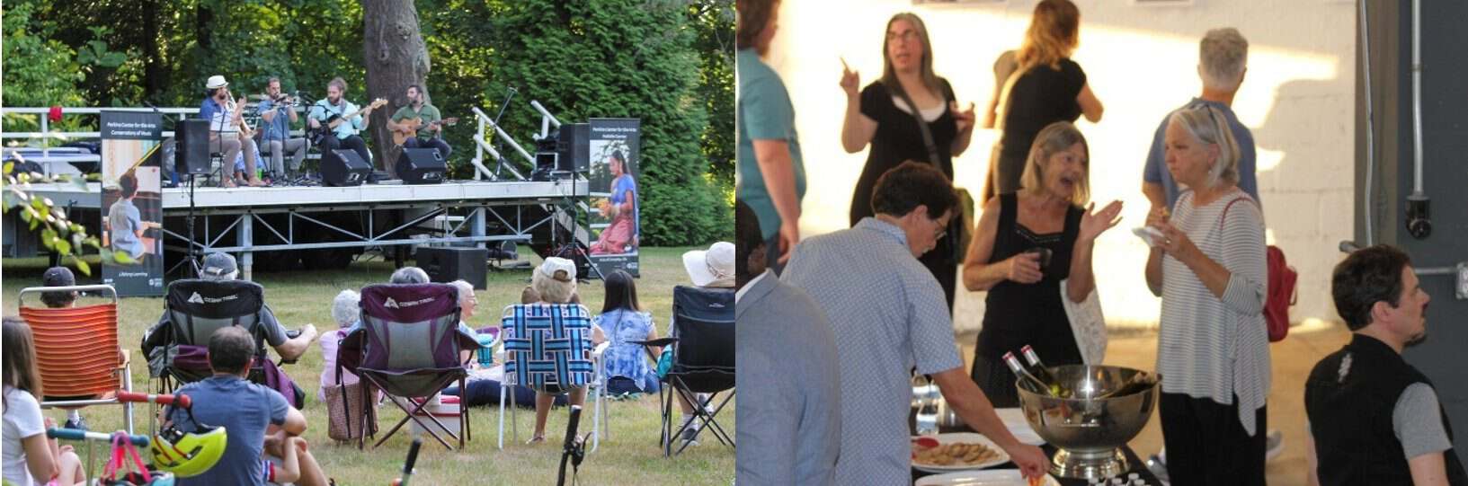 Left: lawn concert at Perkins in Moorestown. Right: artist reception at Perkins.